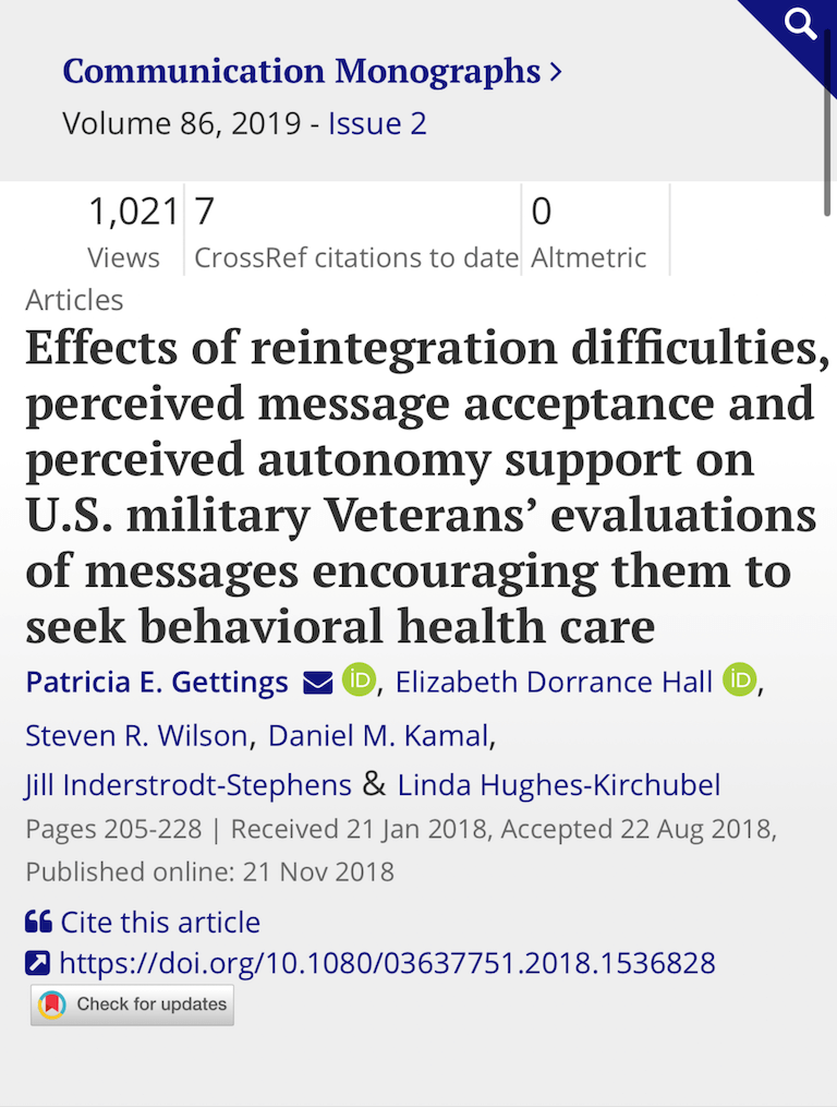 Effects of reintegration difficulties, perceived message acceptance and perceived autonomy support on U.S. military Veterans’ evaluations of messages encouraging them to seek behavioral health care