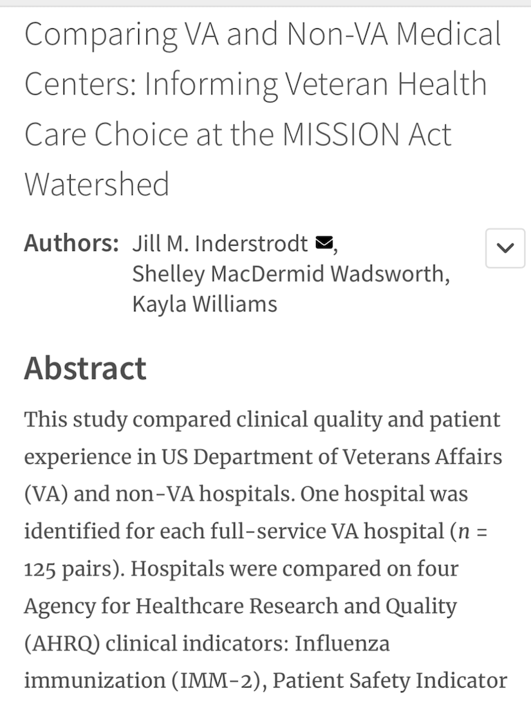 Comparing VA and Non-VA Medical Centers: Informing Veteran Health Care Choice at the MISSION Act Watershed